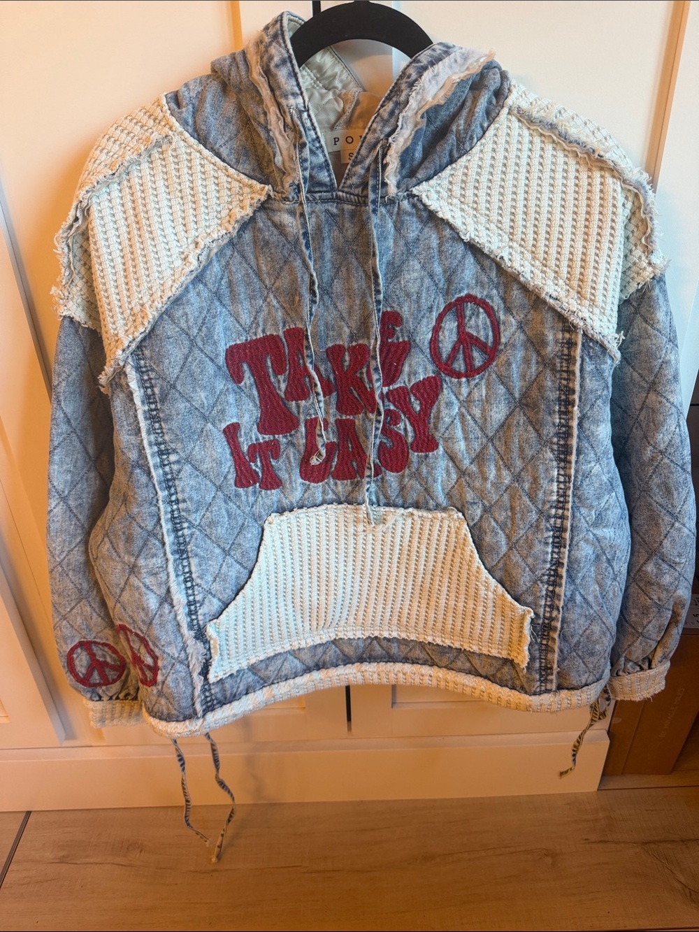 POL Quilted Blue Jean Hoodie with Cream Knit Panels and Red Graphic